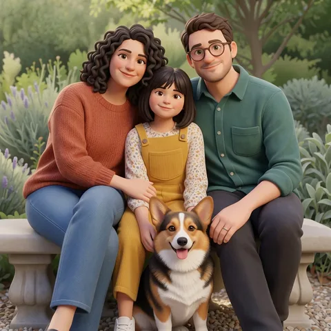 3D Cartoon transformation of a fictional family of three and their corgi