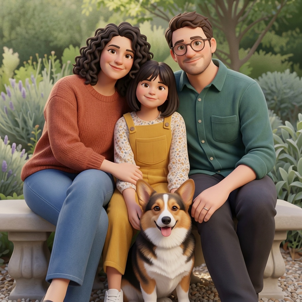 Generated 3d cartoon artwork of a fictional family of three and their corgi