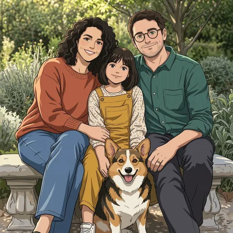 Anime transformation of a fictional family of three and their corgi