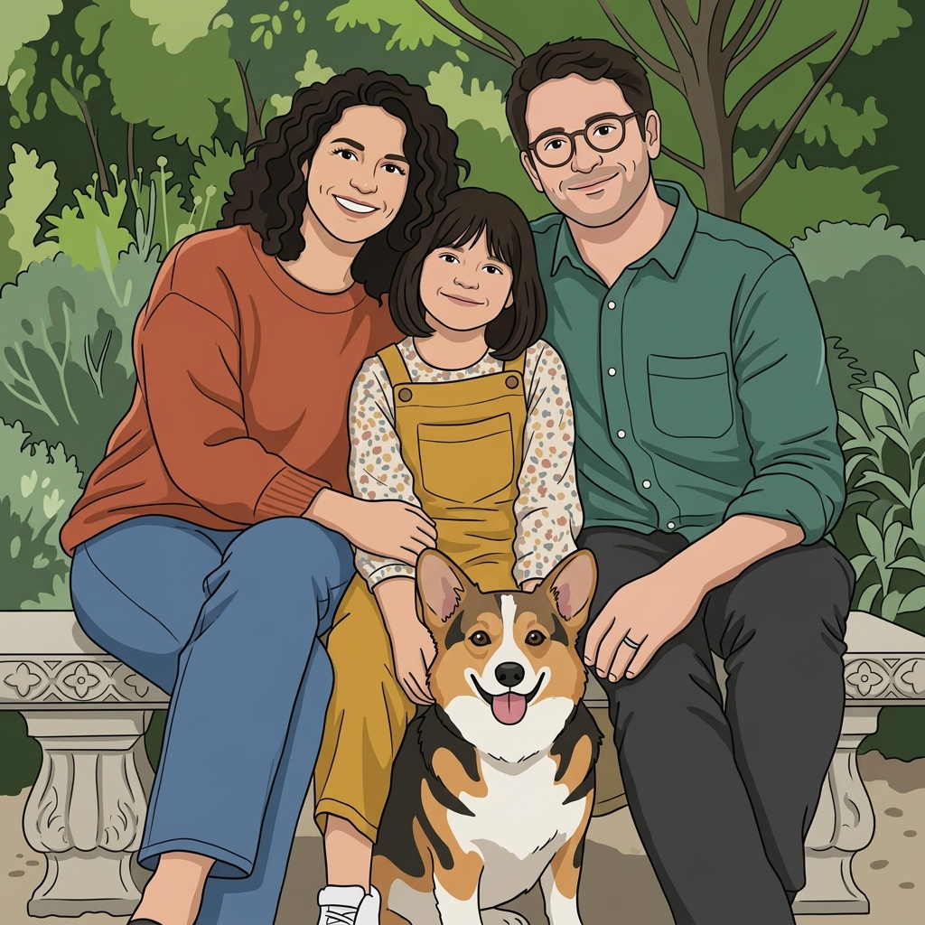 Generated 2d cartoon artwork of a fictional family of three and their corgi