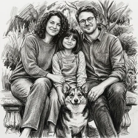 Charcoal transformation of a fictional family of three and their corgi