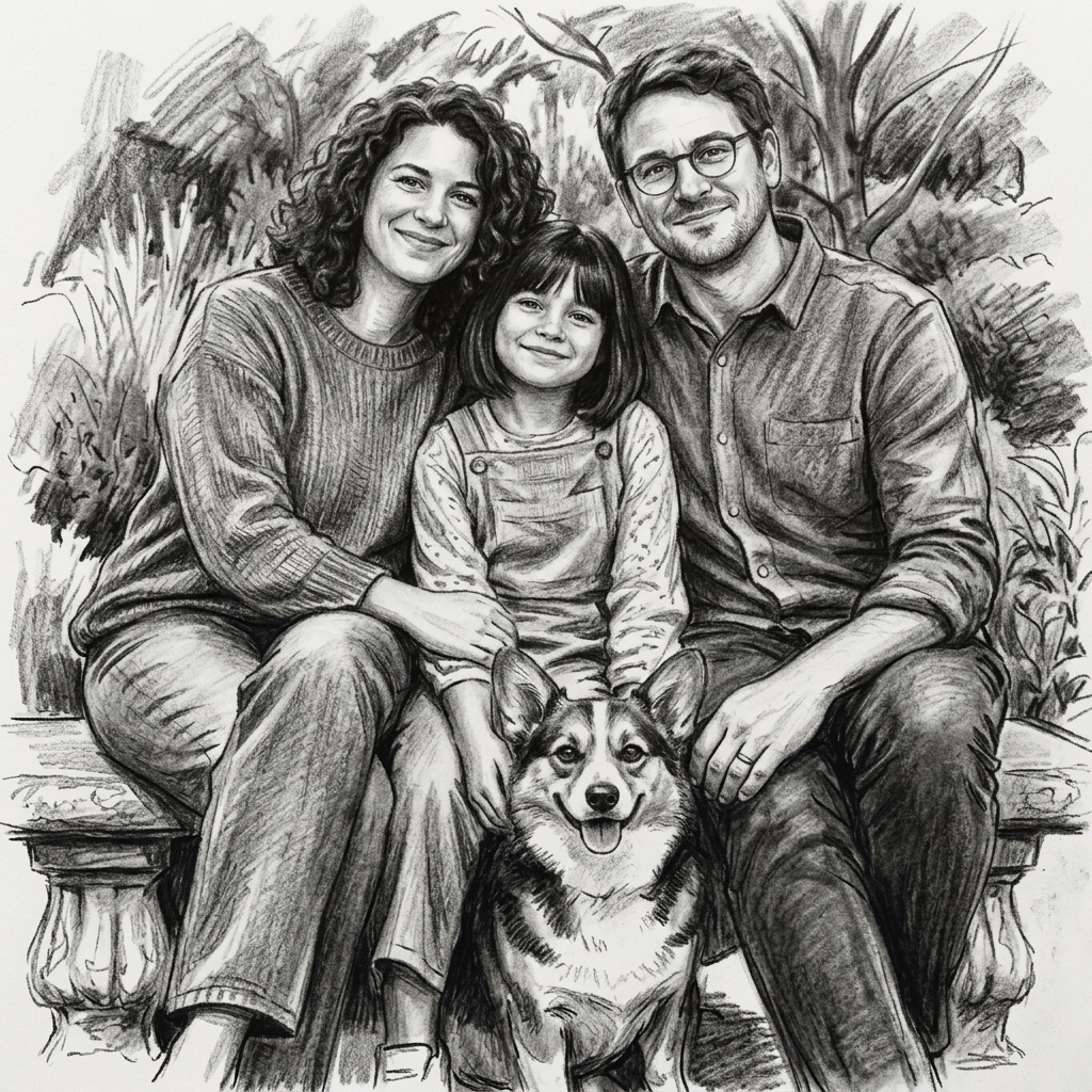 Generated charcoal artwork of a fictional family of three and their corgi