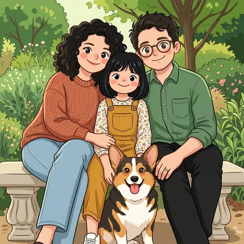 Chibi transformation of a fictional family of three and their corgi