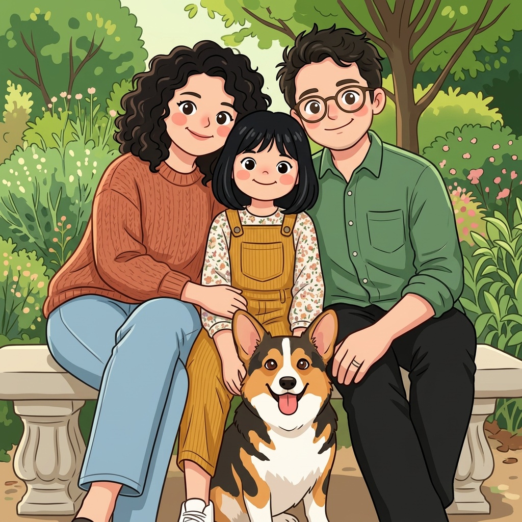 Generated chibi artwork of a fictional family of three and their corgi
