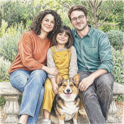 Colored Pencil transformation of a fictional family of three and their corgi