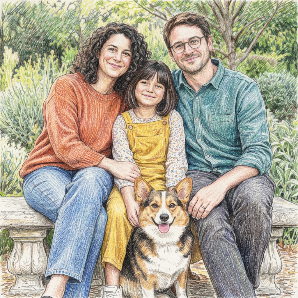 Generated colored pencil artwork of a fictional family of three and their corgi