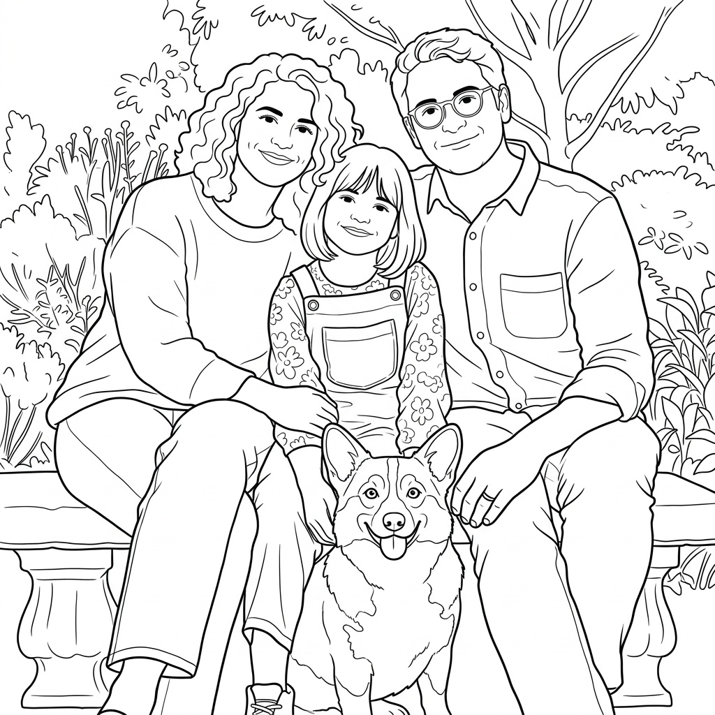 Generated coloring page artwork of a fictional family of three and their corgi
