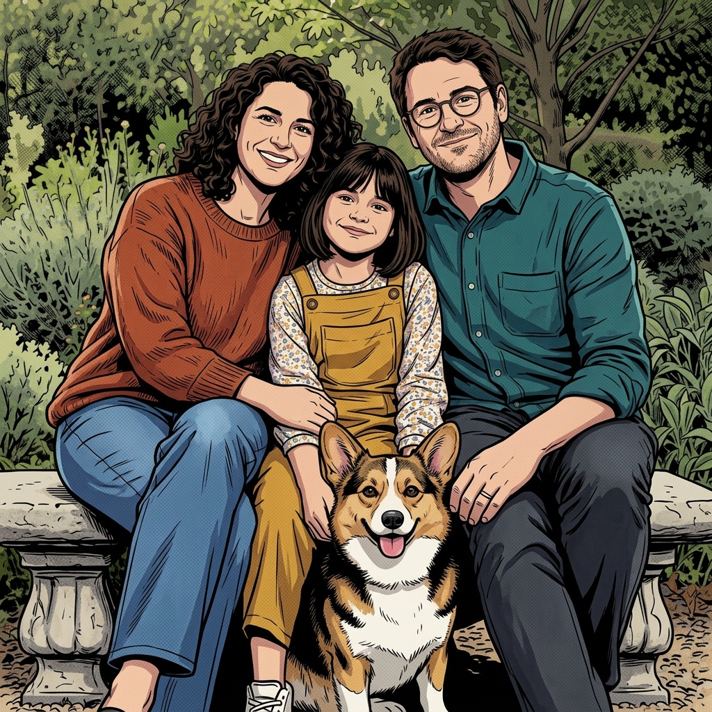 Generated comic book artwork of a fictional family of three and their corgi