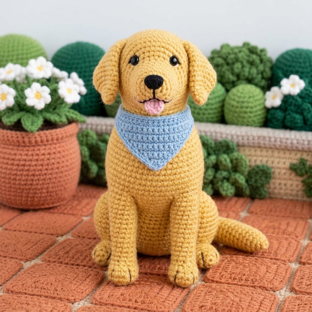 Generated crochet doll artwork of a golden retriever with a blue bandana