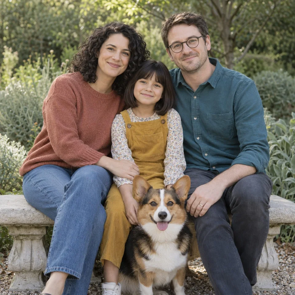 Reference image of a fictional family of three and their corgi