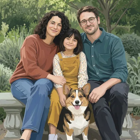Gouache transformation of a fictional family of three and their corgi