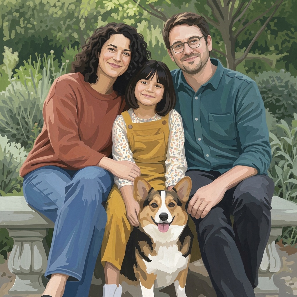 Generated gouache artwork of a fictional family of three and their corgi