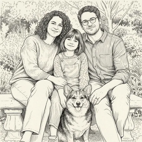 Ink Drawing transformation of a fictional family of three and their corgi