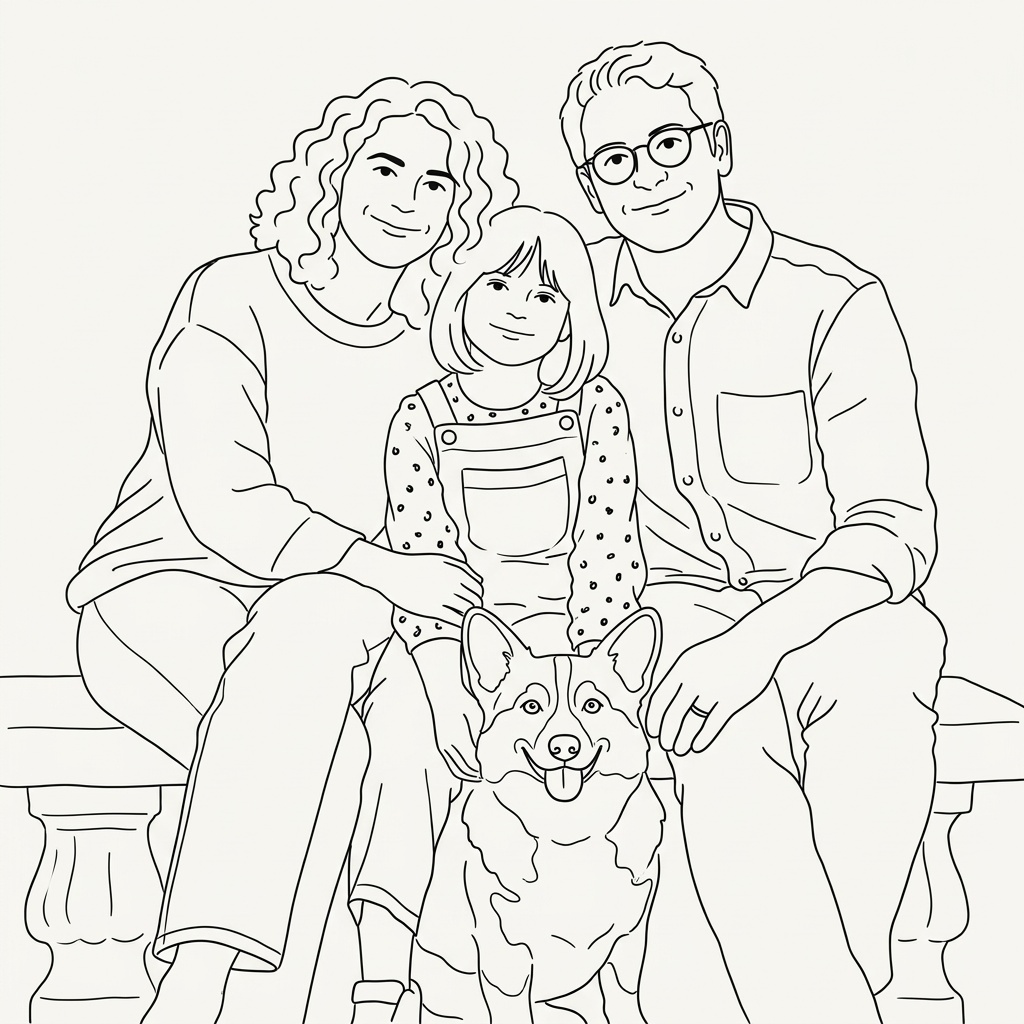 Generated line art artwork of a fictional family of three and their corgi