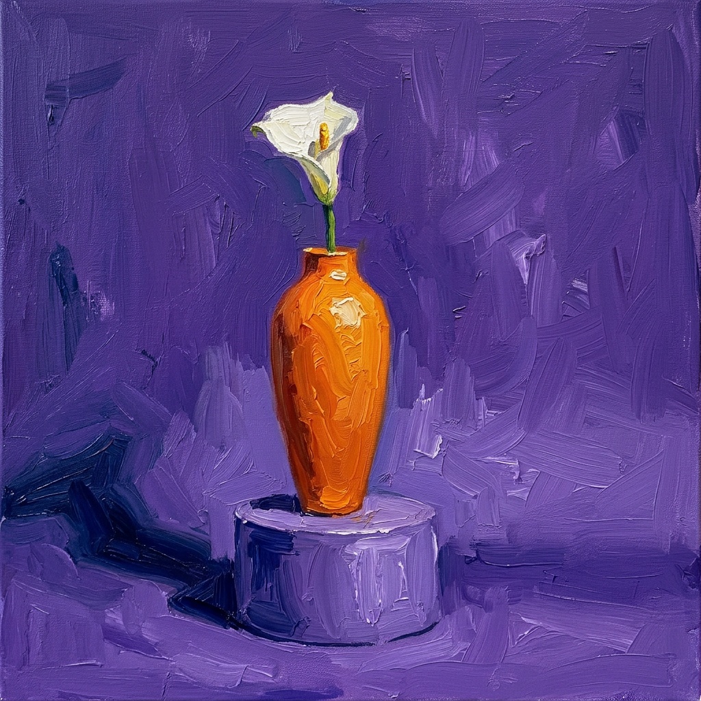 Generated oil painting artwork of an orange vase and white calla lily