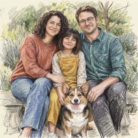 Soft Pastel transformation of a fictional family of three and their corgi