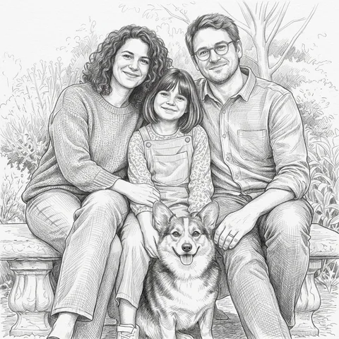 Pencil Sketch transformation of a fictional family of three and their corgi