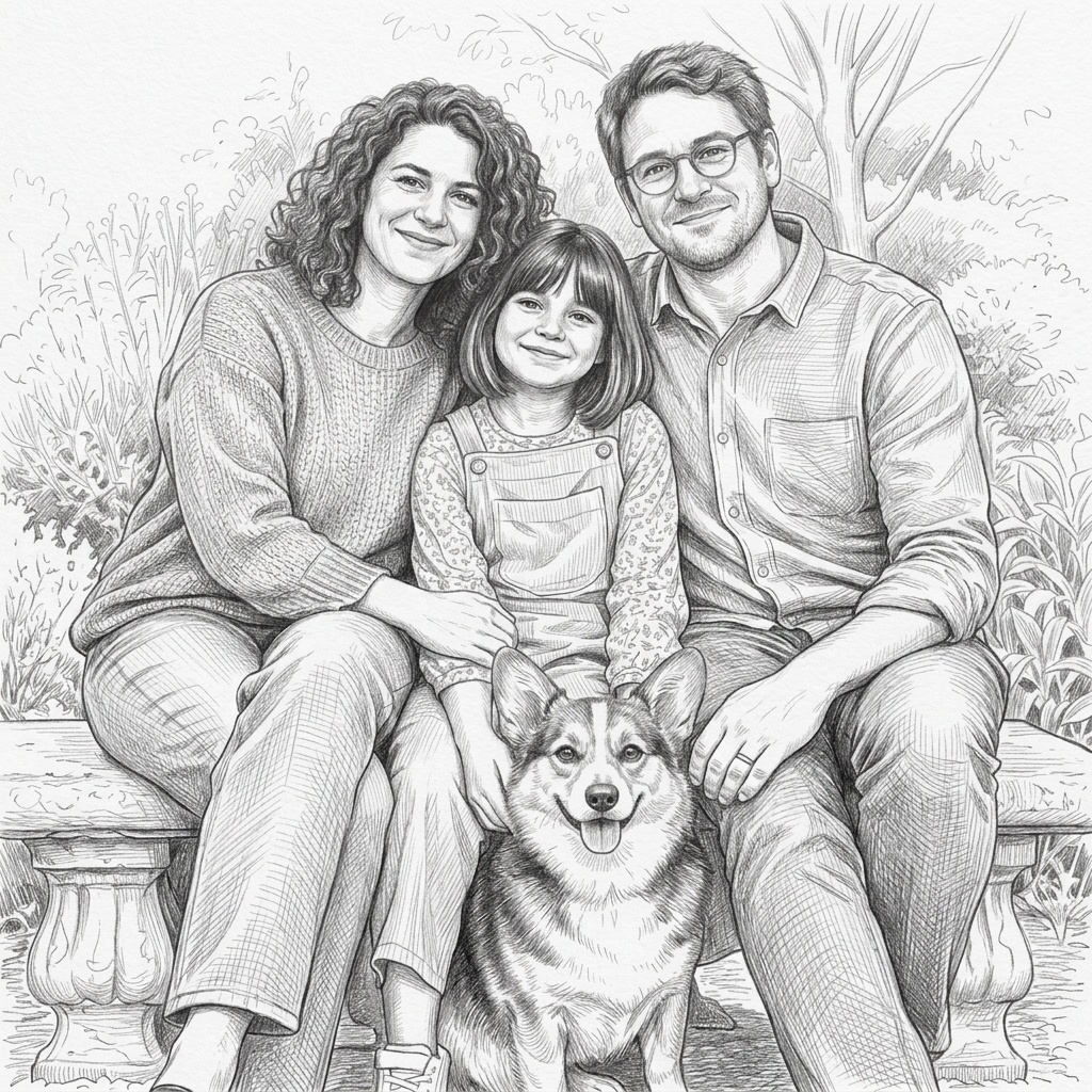 Generated pencil sketch artwork of a fictional family of three and their corgi