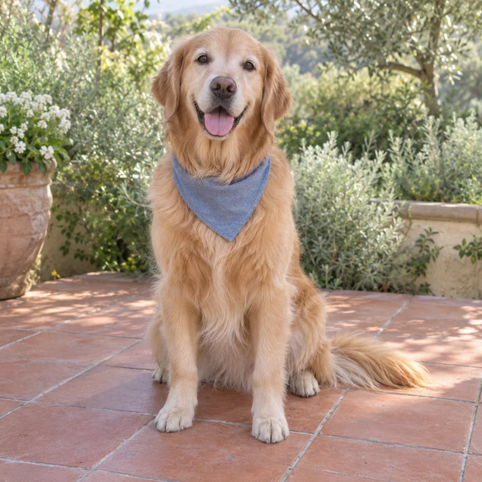 Reference image of a golden retriever with a blue bandana