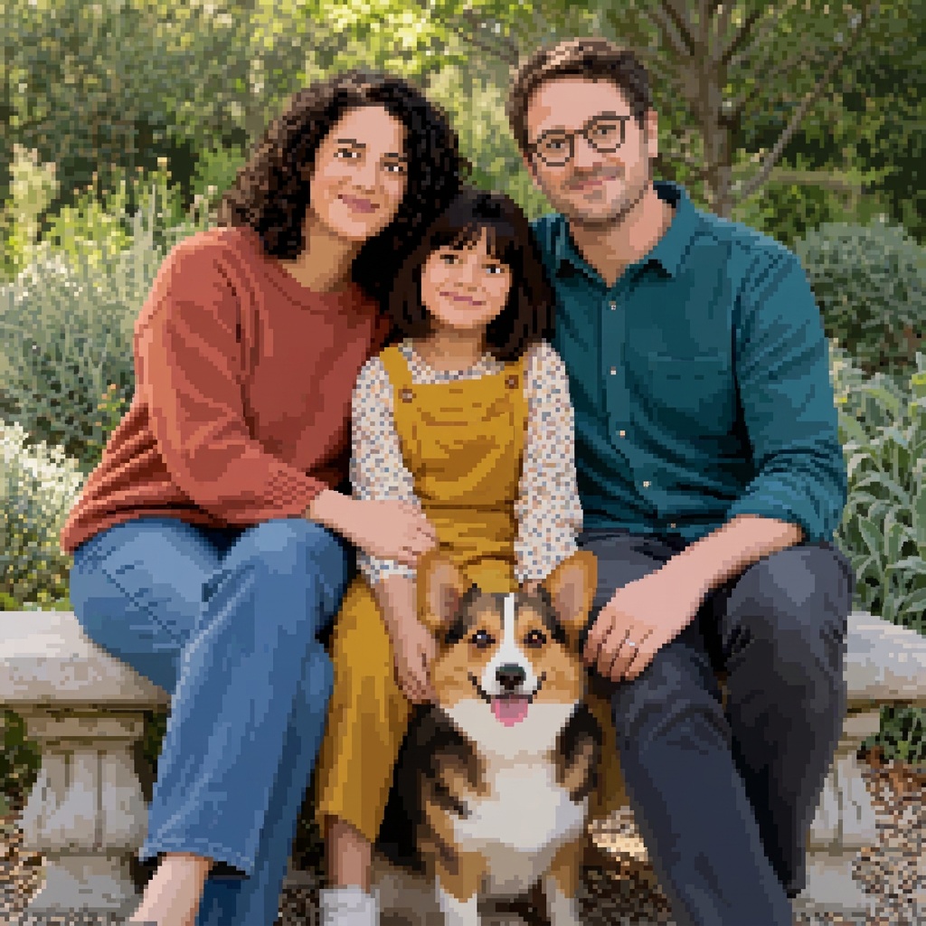 Generated pixel art style artwork of a fictional family of three and their corgi