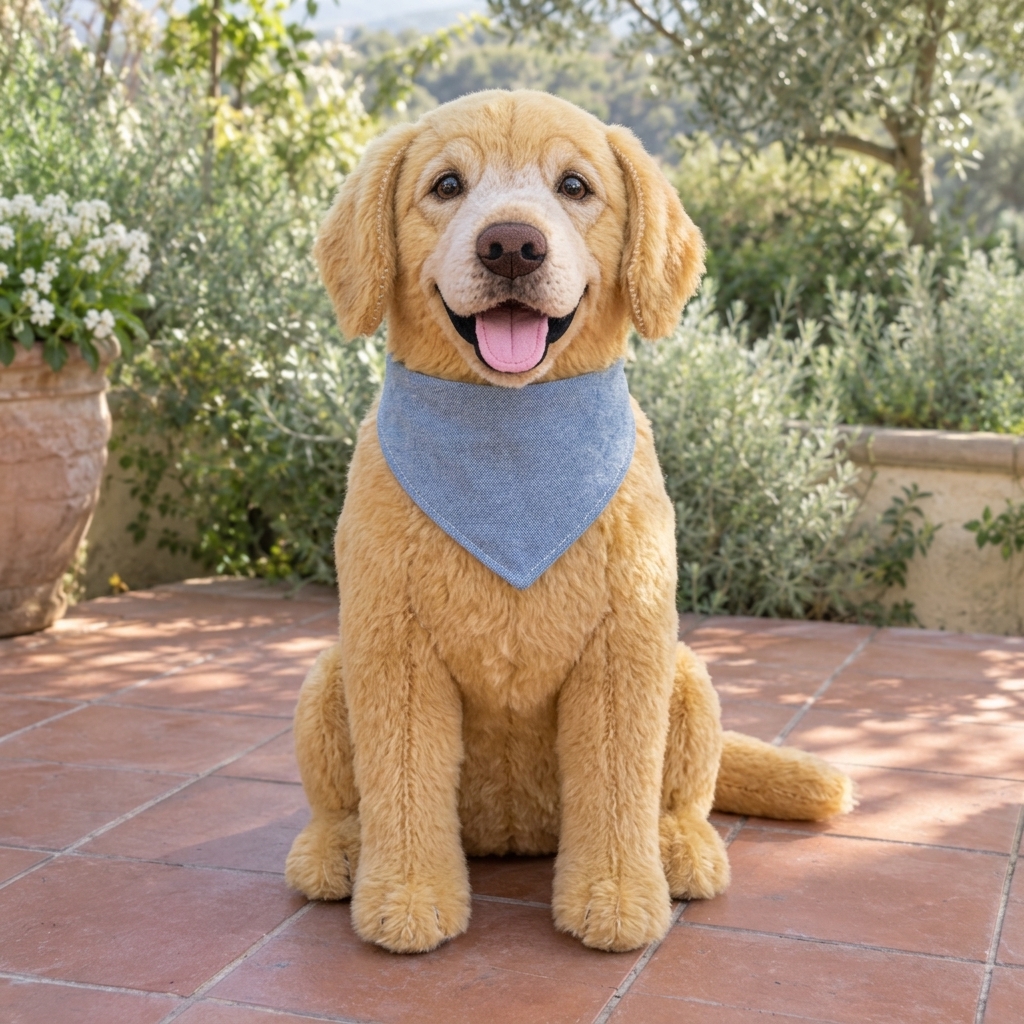 Generated plush toy artwork of a golden retriever with a blue bandana