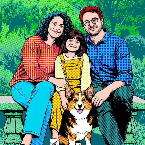 Pop Art transformation of a fictional family of three and their corgi
