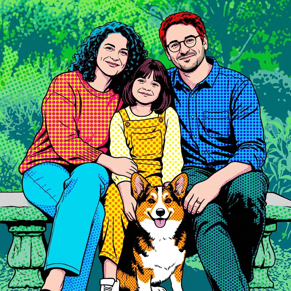Generated pop art artwork of a fictional family of three and their corgi
