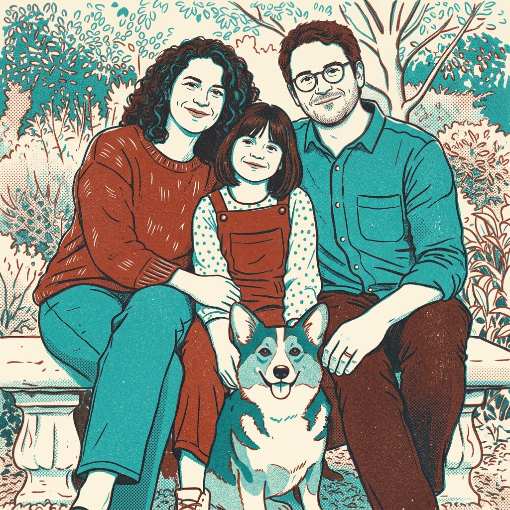 Generated duotone print artwork of a fictional family of three and their corgi