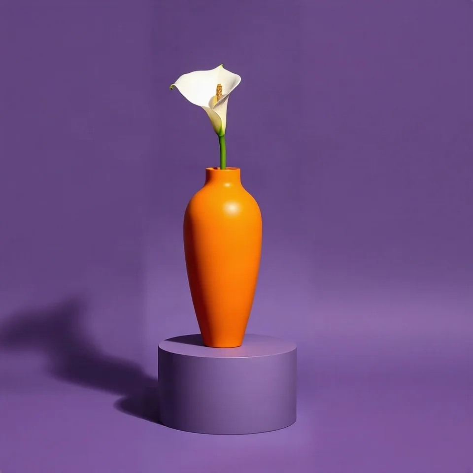 Reference image of an orange vase and white calla lily