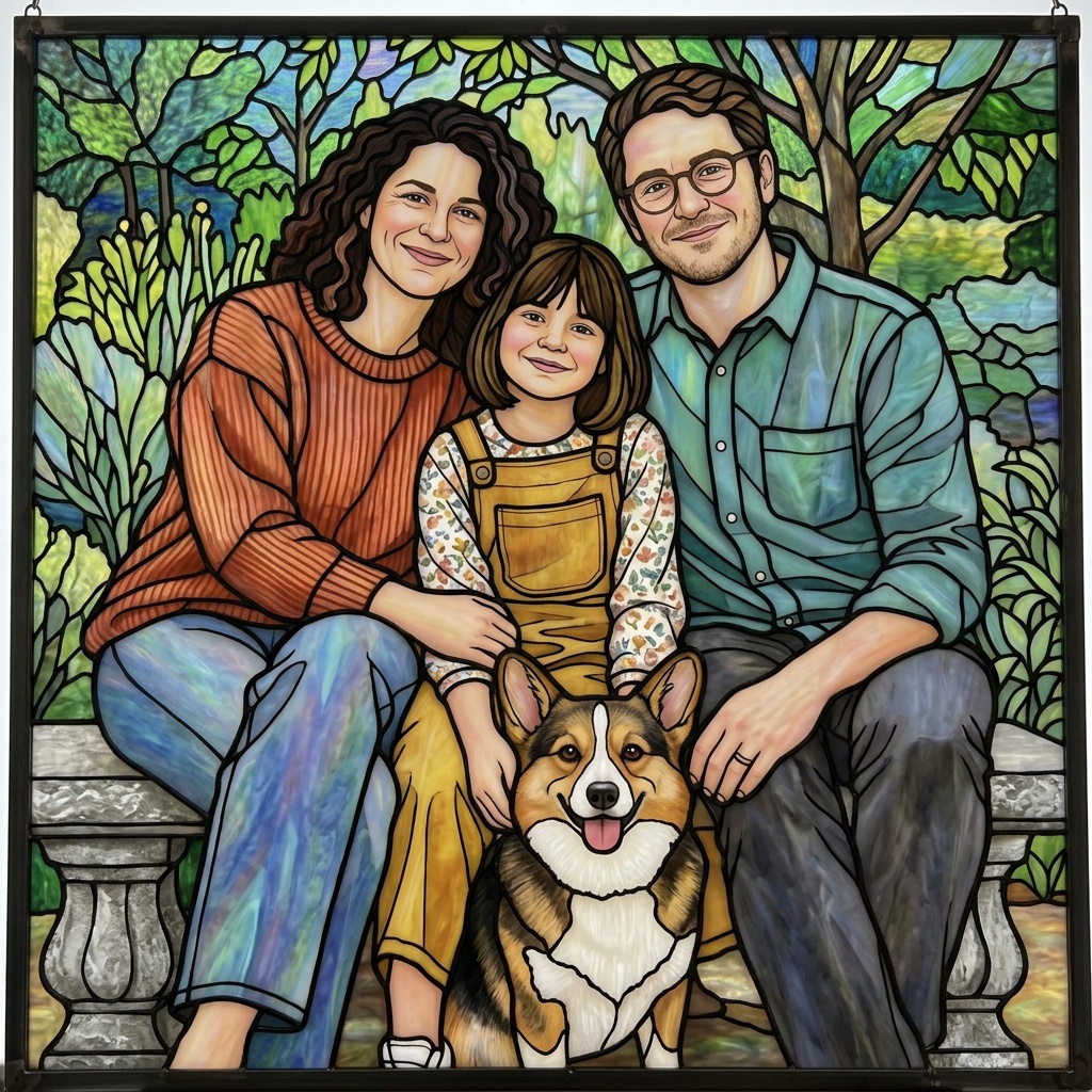 Generated stained glass artwork of a fictional family of three and their corgi