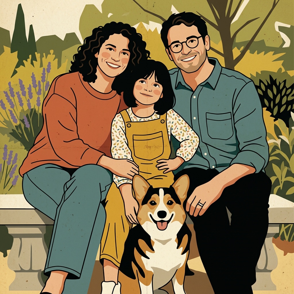 Generated vintage travel poster artwork of a fictional family of three and their corgi