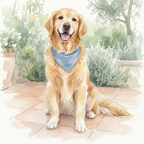 Watercolor transformation of a golden retriever with a blue bandana
