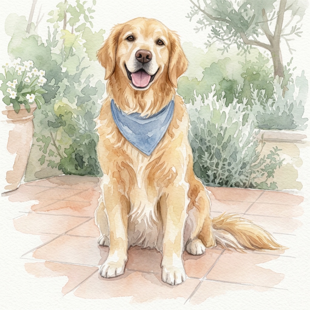 Generated watercolor artwork of a golden retriever with a blue bandana