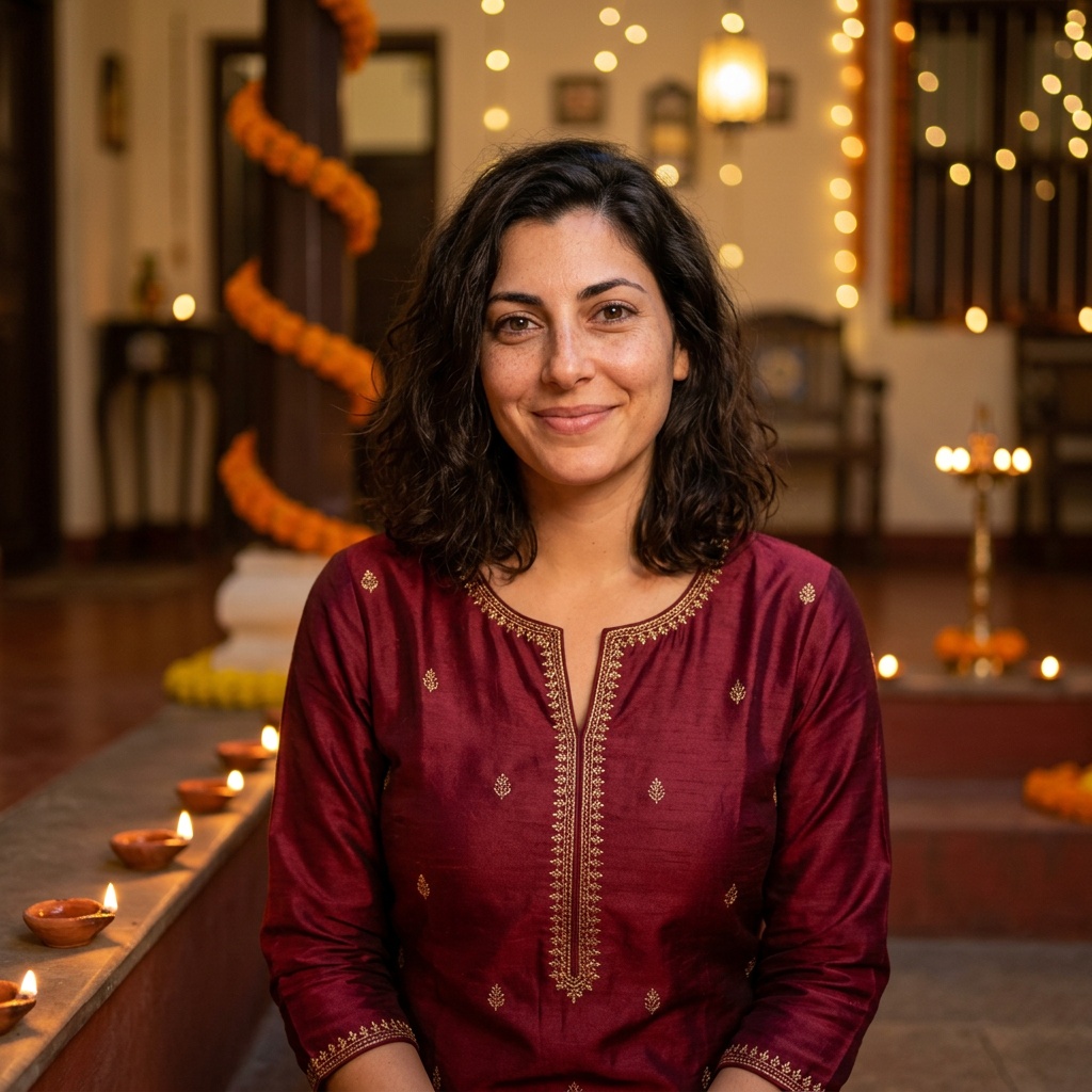 A fictional adult in festive maroon clothing, with softly glowing diyas and marigold garlands