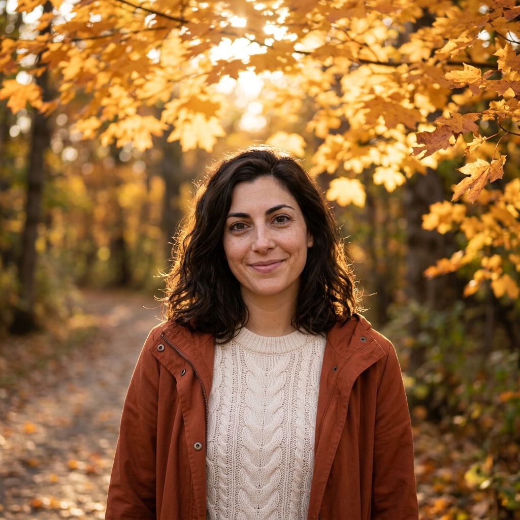 A fictional adult in a warm knit sweater on a golden autumn forest path