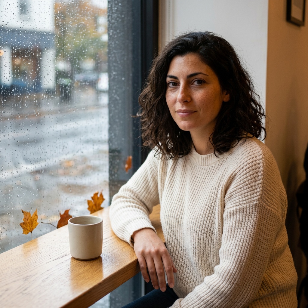 A fictional adult in a cream sweater sitting by a rainy cafe window with a ceramic cup